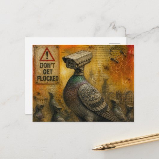 Spionentauben mit Warnschildern Enkaustik-Collage Postkarte (Vorderseite/Rückseite Beispiel)