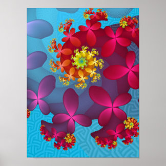 Spiral Floral Fractal Art in Pink Blue Yellow Poster