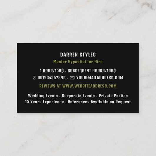 Spiral Hypnosis, Hypnotist Event Entertainer Visitenkarte (Rückseite)