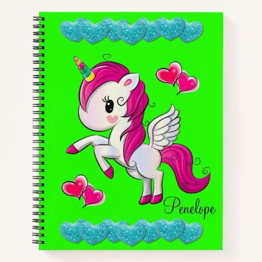 Spiral Notebook Blue Hearts Unicorn Green Notizblock (Vorderseite)