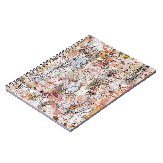 Spiral notebook featuring mixed media artwork. notizblock (Linke Seite)