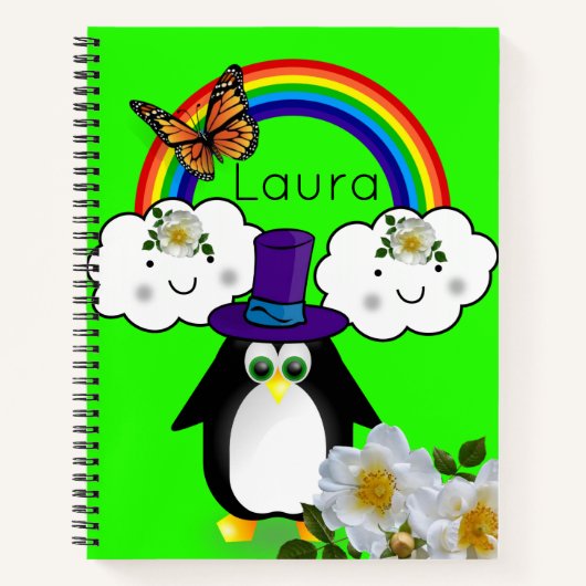 Spiral Notebook Pinguin Butterfly Rainbow Floral Notizblock (Vorderseite)