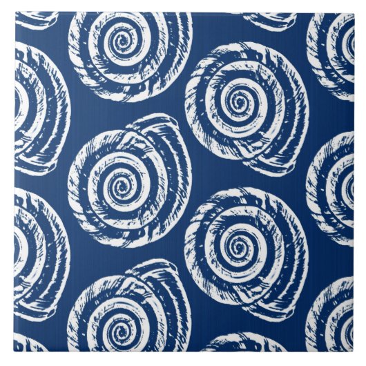 Spiral Seashell Block Print, Cobalt Blue und White Fliese (Vorderseite)