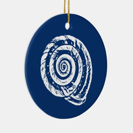 Spiral Seashell Block Print, Cobalt Blue und White Keramik Ornament (Rechts)