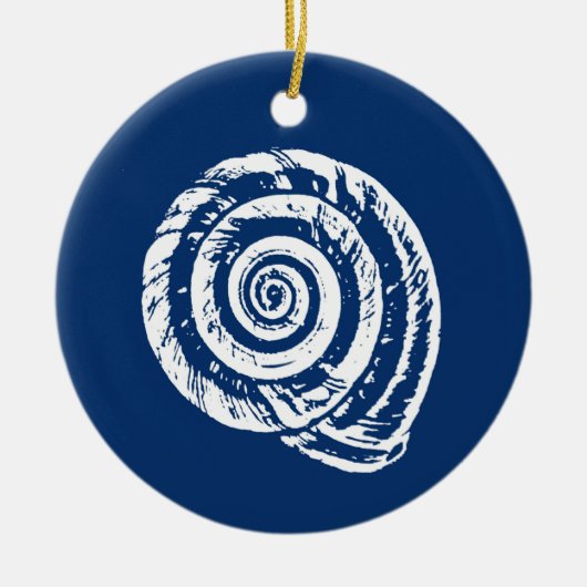 Spiral Seashell Block Print, Cobalt Blue und White Keramik Ornament (Vorne)