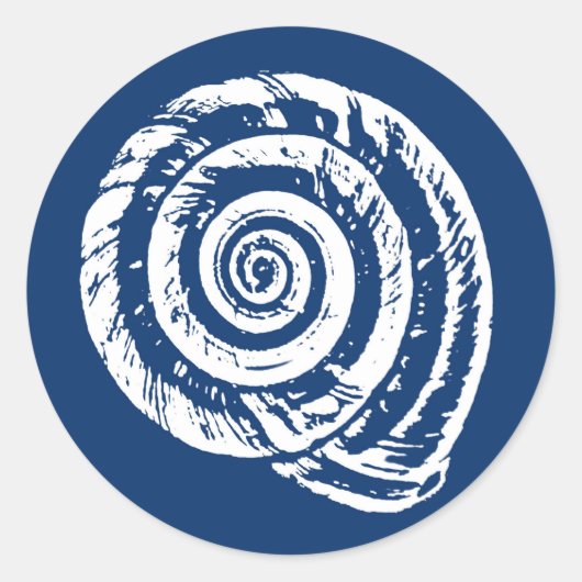 Spiral Seashell Block Print, Cobalt Blue und White Runder Aufkleber (Vorderseite)