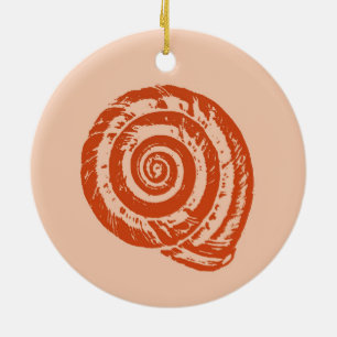 Spiral Seashell Block Print, Coral Orange Keramik Ornament