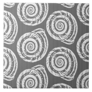 Spiral Seashell Block Print, grau / grau und weiß Fliese