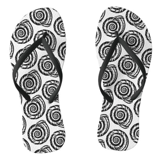 Spiral Seashell Block Print, Schwarz/Weiß Badesandalen (Fußbett)