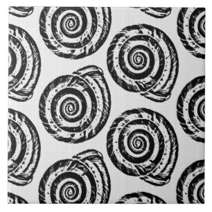 Spiral Seashell Block Print, Schwarz/Weiß Fliese