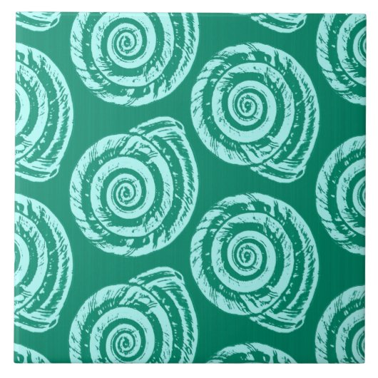 Spiral Seashell Block Print, Türkis und Aqua Fliese (Vorderseite)