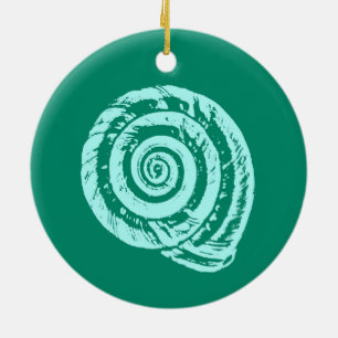 Spiral Seashell Block Print, Türkis und Aqua Keramik Ornament