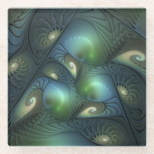Spiralen Aquamarin Beige Grün Abstraktes Fraktal K Glasuntersetzer