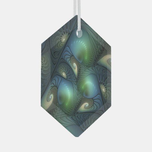 Spiralen Aquamarin Beige Grün Abstraktes Fraktal K Ornament Aus Glas (Vorderseite Rechts)