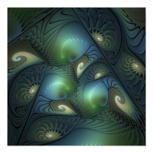 Spirals Beige Grün Türkis Abstraktes Fraktal Kunst Poster (Vorderseite)