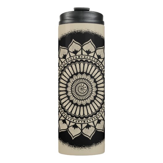 Spirals Dots Blume Black Tan Henna Mandala Thermosbecher (Vorderseite)