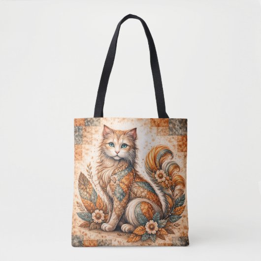 Spirit Cat, Boho Patchwork Rustic Folk Art Tasche (Vorderseite)