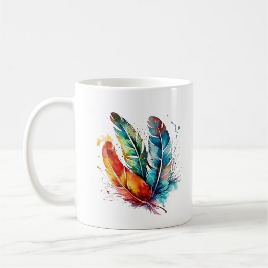 Spirit Feathers: Vibrannende Wasserfarben Kunst Kaffeetasse (Links)