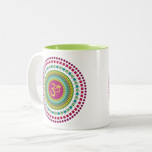 Spirituelle Mandala Om Symbol Rosa grüne Geometrie Zweifarbige Tasse (Vorderseite Links)