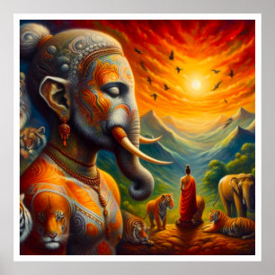 spiritueller Buddha und Elefant Poster