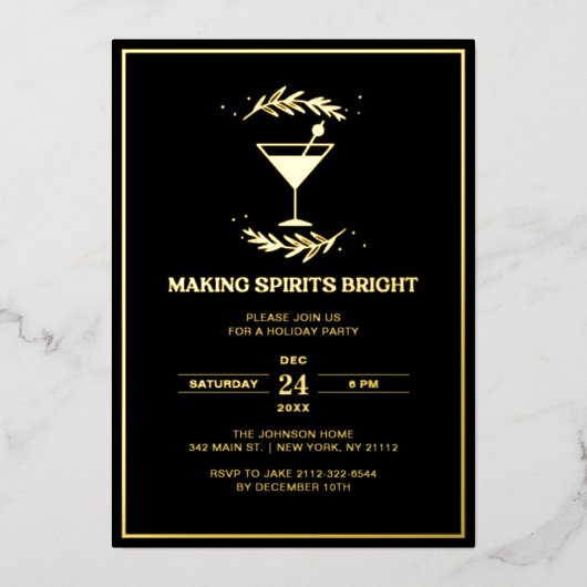 Spirituosen Bright Black Gold Weihnachtsfeiertag Folieneinladung (Vorderseite)
