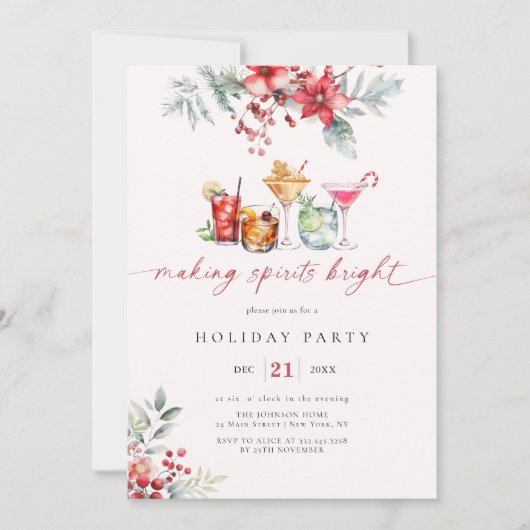 Spirituosen Gläserner Cocktail Holiday Poinsettia Einladung (Vorderseite)