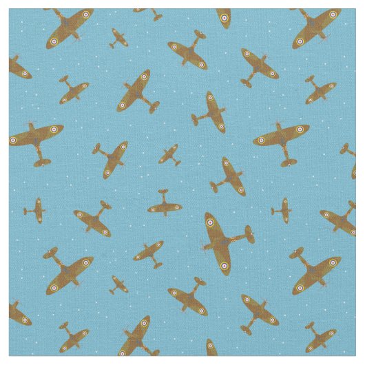Spitfire-Flugzeugmuster auf hellblau Stoff (Nahaufnahme)