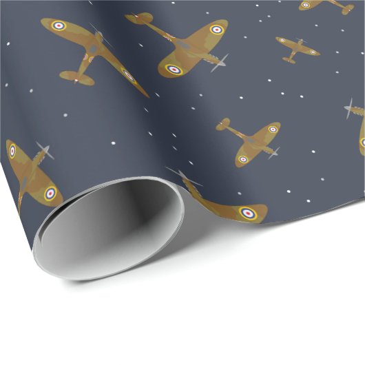 Spitfire War Flugzeug auf Navy Blue Pattern Geschenkpapier (Rolleneckpunkt)