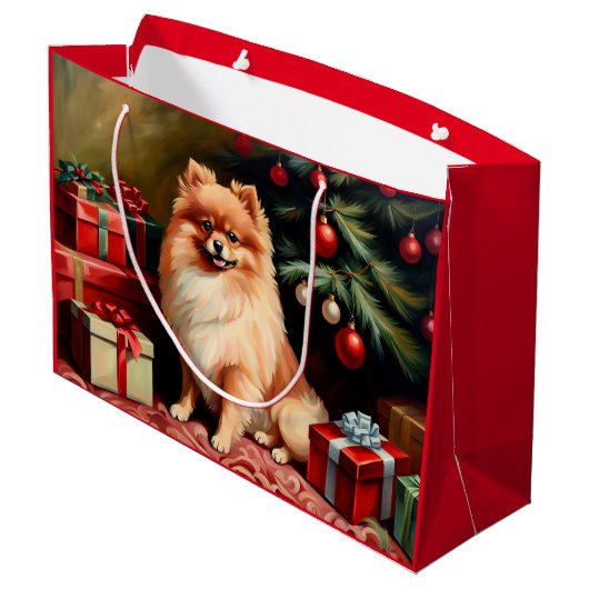 Spitz am Weihnachtsbaum Große Geschenktüte (Rückseite Schrägansicht)