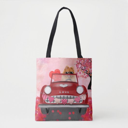 Spitz Dog Car mit Herzvalentiner Tasche (Vorderseite)