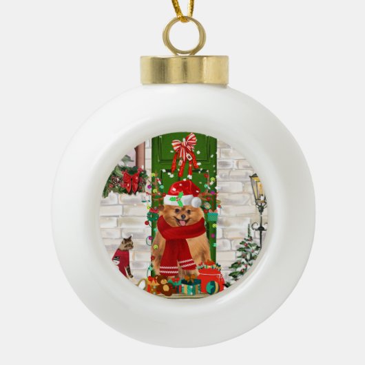 Spitz Dog Christmas Keramik Kugel-Ornament (Vorderseite)