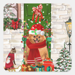 Spitz Dog Christmas Quadratischer Aufkleber