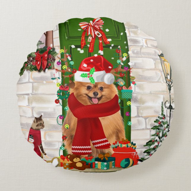 Spitz Dog Christmas Rundes Kissen (Vorderseite)