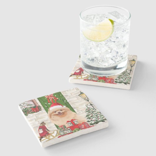 Spitz Dog Christmas Steinuntersetzer (Seitenansicht)