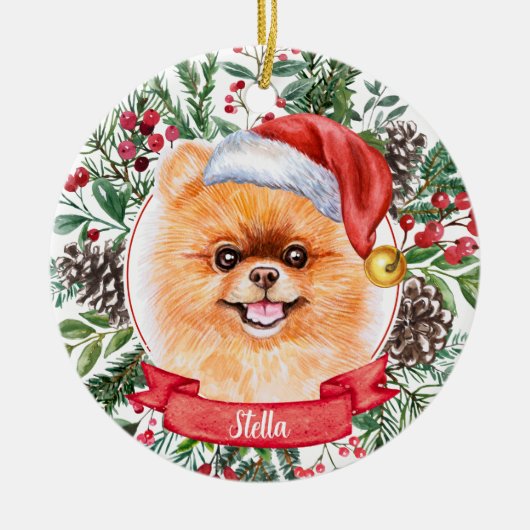 Spitz Dog Custom Weihnachtsmannmütze Weihnachtssch Keramik Ornament (Vorne)