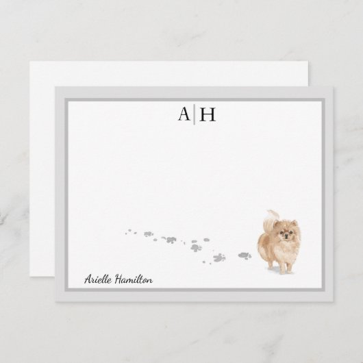 Spitz Dog Graue Border Monogramm Personalisiert Mitteilungskarte (Vorne/Hinten)