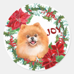 Spitz Dog Joy Poinsettia Weihnachtsfeier Runder Aufkleber