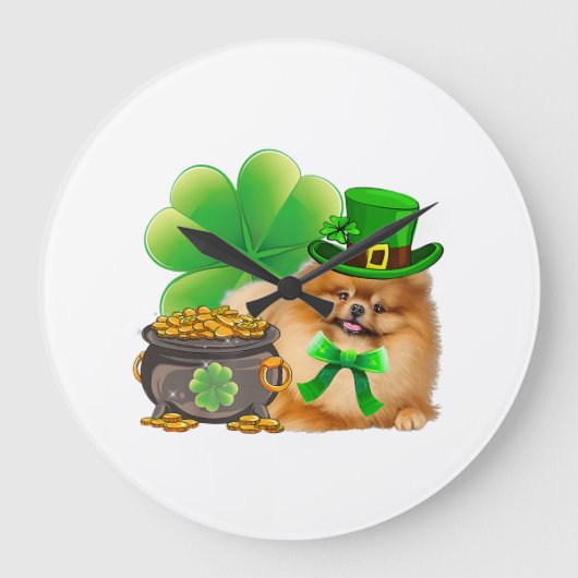 Spitz Dog Kleeblatt St Patricks Day Dog irisch Große Wanduhr (Vorderseite)