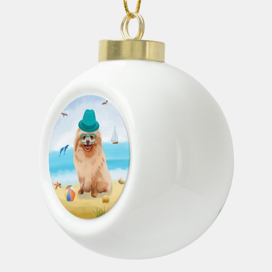 Spitz Dog on Beach Keramik Kugel-Ornament (Rechts)