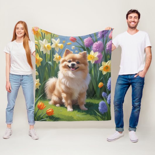 Spitz Dog Spring Blumen Malerei Fleecedecke (Beispiel)