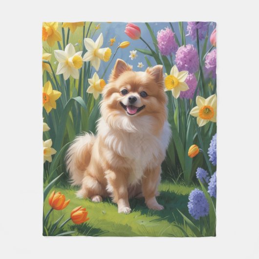 Spitz Dog Spring Blumen Malerei Fleecedecke (Vorderseite)