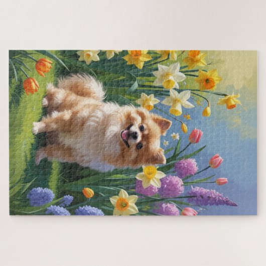 Spitz Dog Spring Blumen Malerei Puzzle (Horizontal)