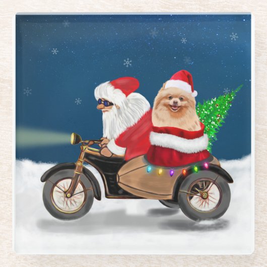 Spitz Dog Weihnachtsmann Glasuntersetzer (Vorderseite)