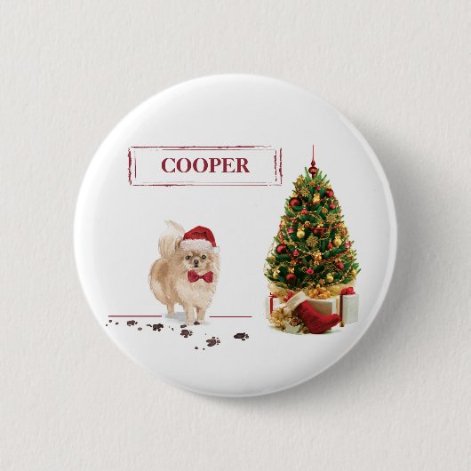 Spitz Funny Christmas Dog mit Baum Button (Vorderseite)