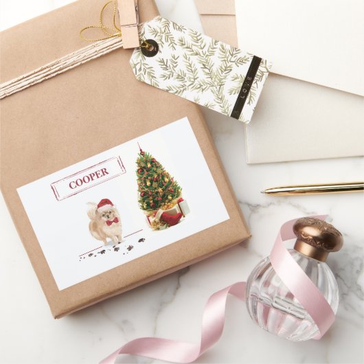 Spitz Funny Christmas Dog mit Baum Rechteckiger Aufkleber (Schenken)