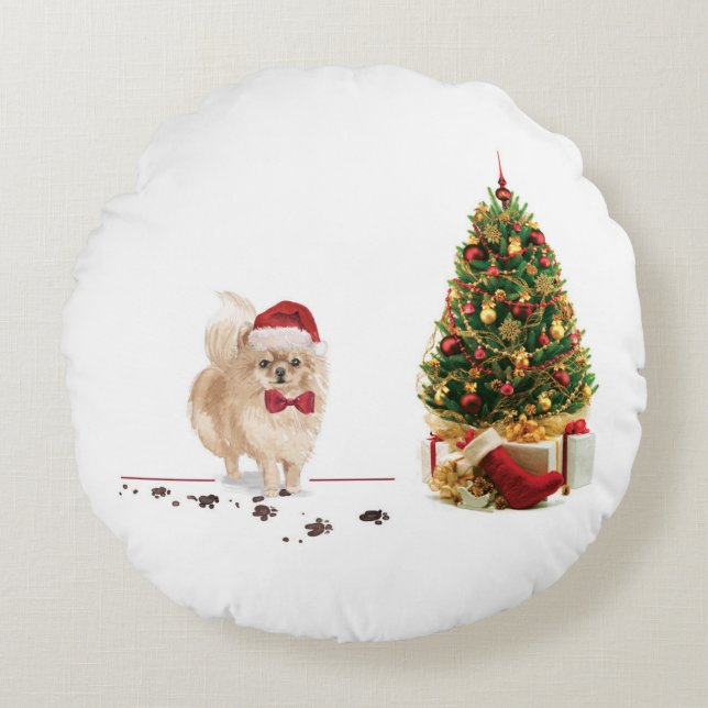 Spitz Funny Christmas Dog mit Baum Rundes Kissen (Vorderseite)
