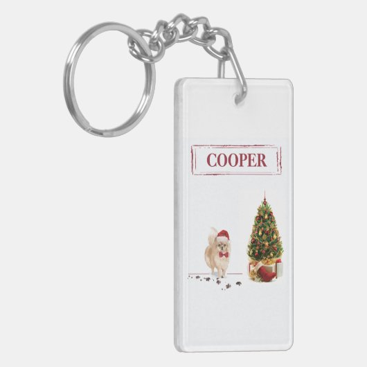 Spitz Funny Christmas Dog mit Baum Schlüsselanhänger (Vorderseite links)