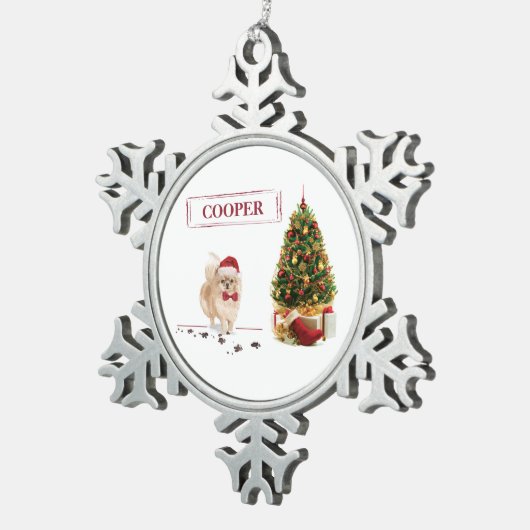 Spitz Funny Christmas Dog mit Baum Schneeflocken Zinn-Ornament (Rechts)