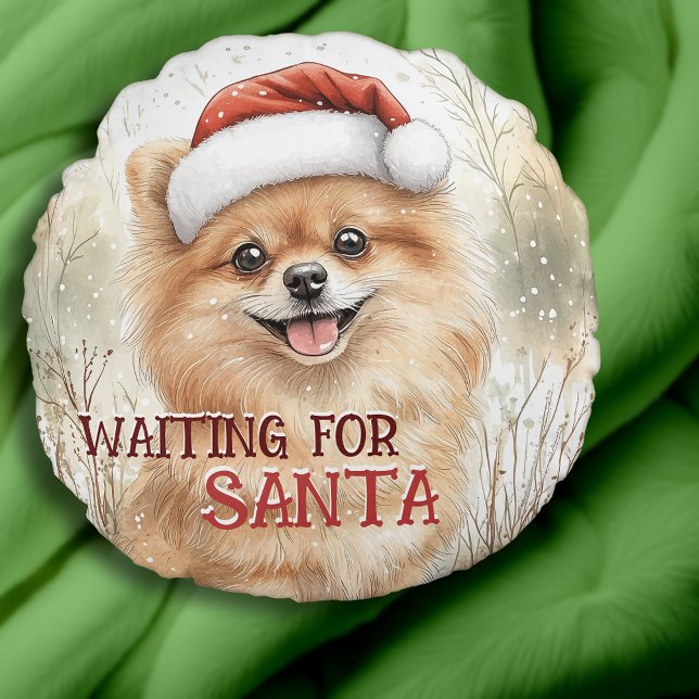 Spitz Gewartet für Santa Pom Dog Wasserfarbe Rundes Kissen (Pomeranian Waiting For Santa Pom Dog Watercolor Round Pillow. Personalize It!)