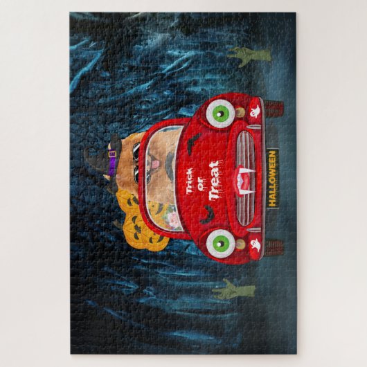 Spitz Hund Autofahren Auto Beängstigend Halloween Puzzle (Vertikal)